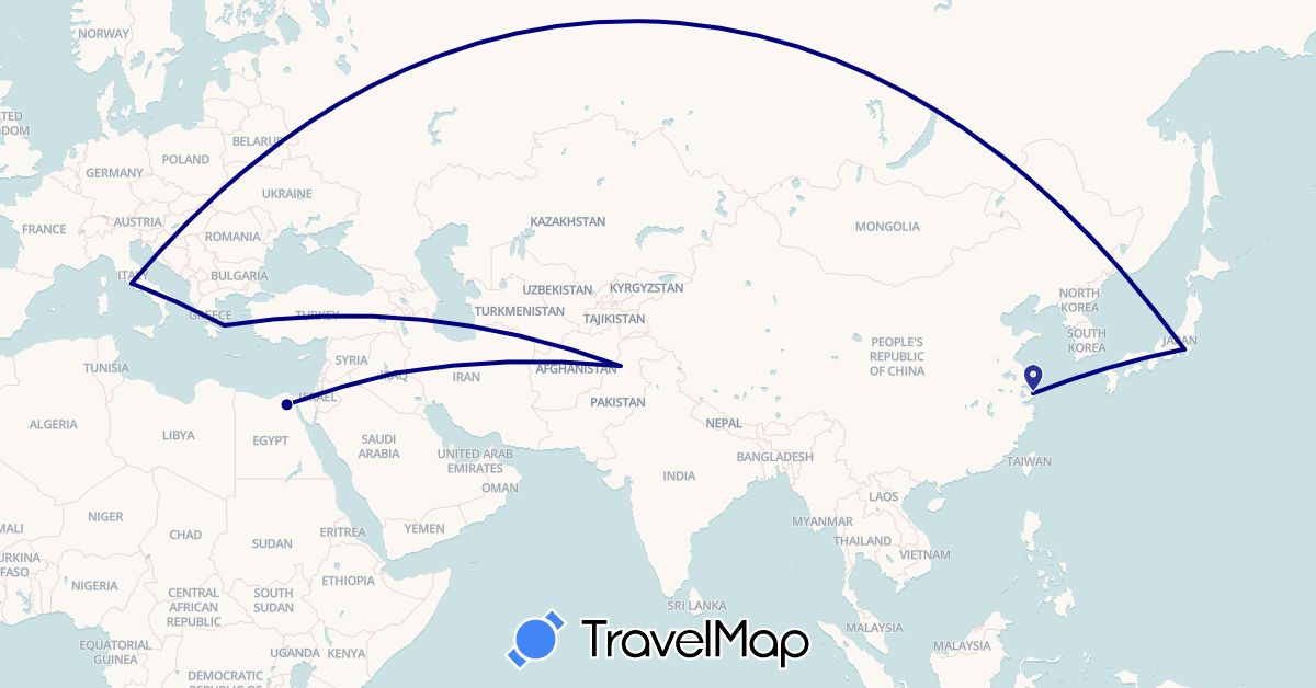 TravelMap itinerary: driving in China, Egypt, Greece, Iraq, Italy, Japan, Pakistan (Africa, Asia, Europe)
