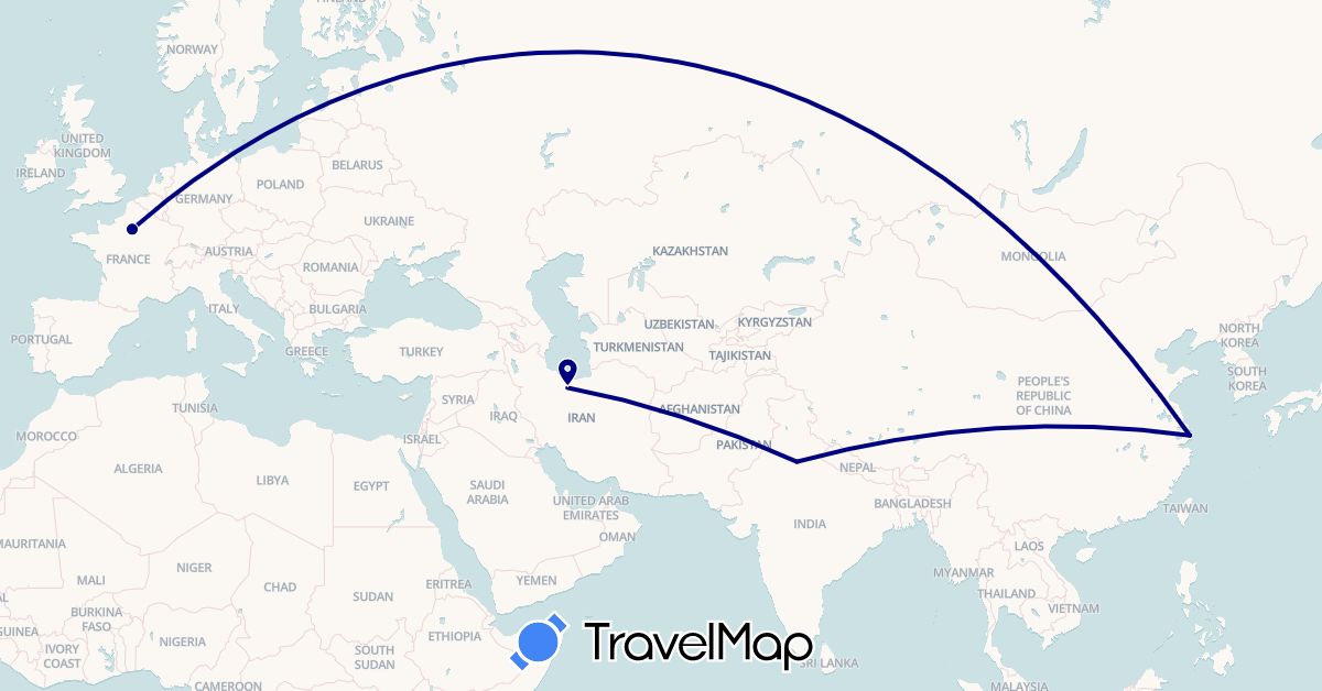 TravelMap itinerary: driving in China, France, India, Iran (Asia, Europe)