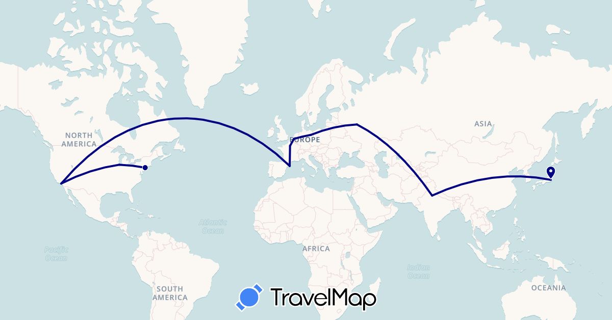 TravelMap itinerary: driving in Belgium, Germany, Spain, France, India, Japan, Russia, United States (Asia, Europe, North America)